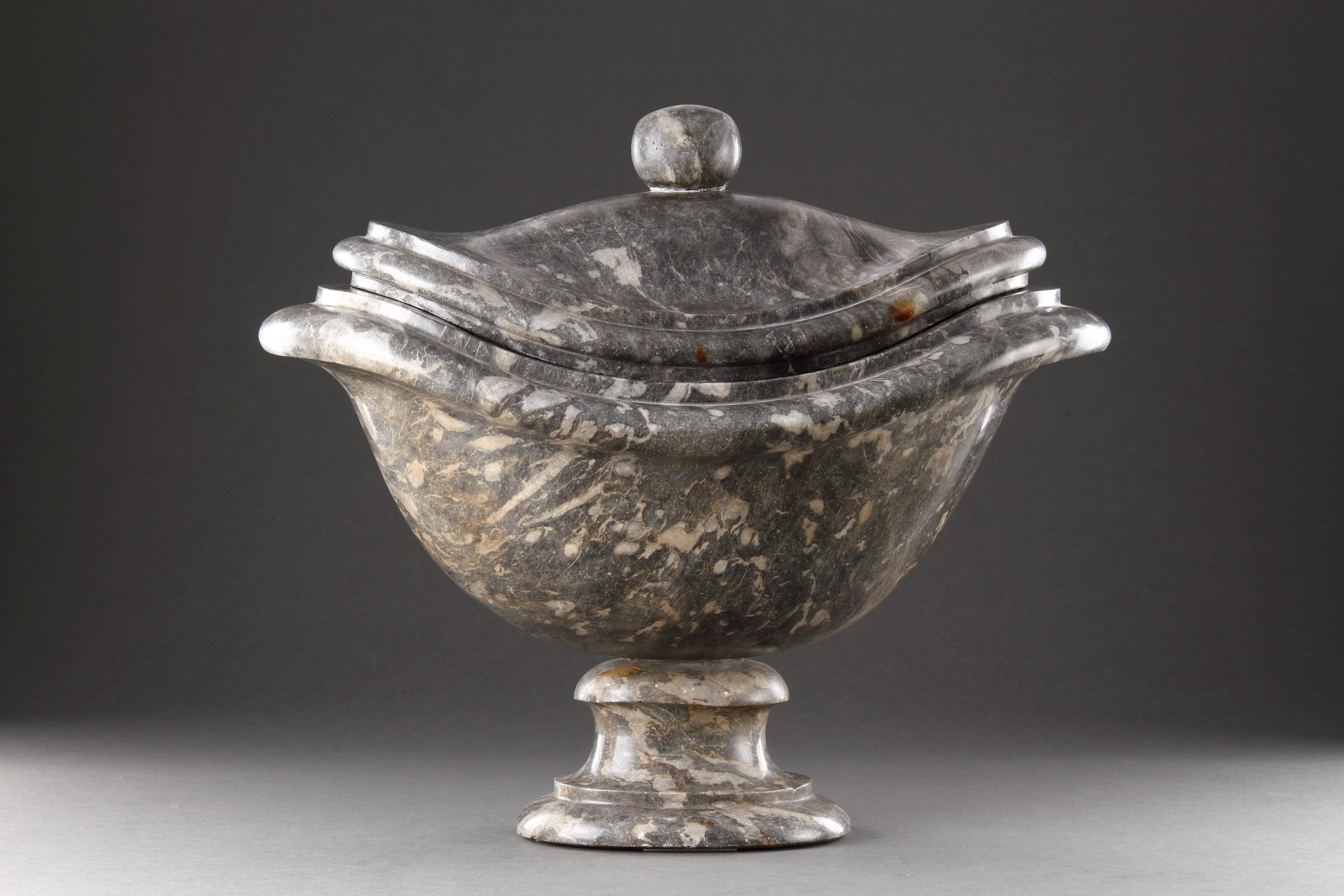 A Fine Baroque Grey Marble Oval Vase and Cover of Elegant Shape Raised upon an Oval Turned Marble Foot 